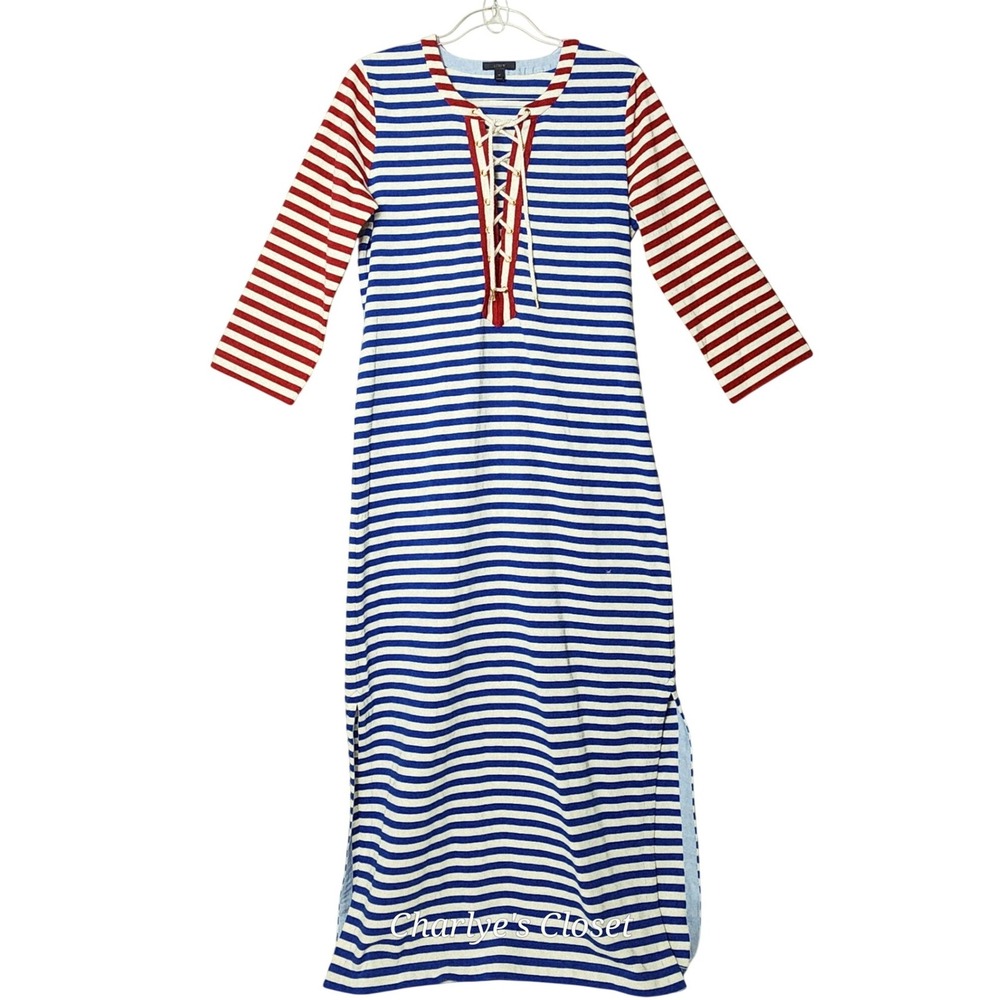 J.Crew Sammie Striped Lace Up Maxi Dress M Nautical Beachy Americana Casual - Picture 5 of 10